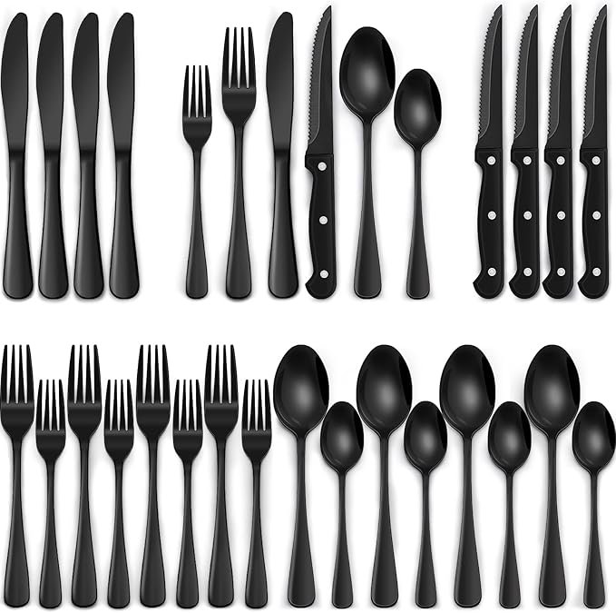 24-Piece Black Silverware Set with Steak Knives – Elegant Dining for Every Occasion