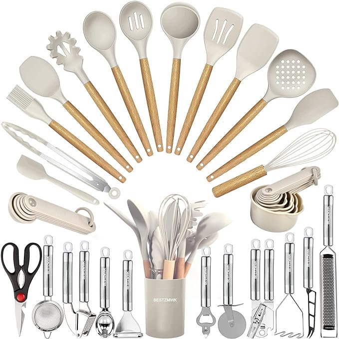 35-Piece Kitchen Utensils Set – All-in-One Silicone Cooking Tools with Wooden Handles