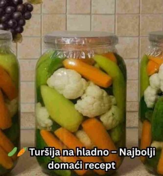 📝 Recept – Turšija na hladno Sastojci: 2 kg krastavčića 1 kg šargarepe 1 kg karfiola 500 g paprike babure 200 g zelenog paradajza (po želji) 2 l vode 1 l alkoholnog sirćeta 5 kašika soli 5 kašika šećera 1 konzervans (po želji, može i bez) 1 veza celera Priprema: Povrće dobro oprati i iseći na željene komade. U većoj posudi pomešati vodu, sirće, so, šećer i po želji konzervans. U tegle slagati povrće, dodati celer, pa preliti pripremljenom tečnošću. Dobro zatvoriti tegle i čuvati na hladnom i tamnom mestu. ✨ Nakon par nedelja turšija je spremna – hrskava, osvežavajuća i savršen dodatak svakom jelu!