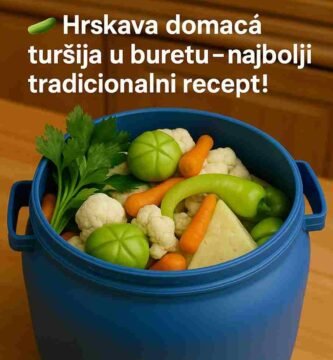 Sastojci: 3 kg krastavaca 3 kg karfiola 2 kg šargarepe 2 kg zelenih paradajza 1 kg paprike (babure ili ljute po želji) Par glavica belog luka Grančice celera, rena i bibera u zrnu Za rastvor (naliv): 5 l vode 400 ml alkoholnog sirćeta 3 kašike soli (ne jodne) 2 kašike šećera Priprema: Povrće dobro operi i očisti, zatim iseckaj na komade po želji. Na dno bureta složi nekoliko grančica rena, celera i malo belog luka. Ređaj slojeve povrća – karfiol, šargarepu, papriku, krastavce i paradajz. U loncu prokuvaj vodu, sirće, so i šećer — samo da provri. Vrućim rastvorom prelij povrće u buretu, sve dok ne bude potpuno potopljeno. Pokrij poklopcem i optereti tanjirom i težinom da povrće ostane pod tečnošću. Čuvaj na hladnom mestu i povremeno proveri — za 10–15 dana turšija će biti hrskava, mirisna i spremna za uživanje! Saveti: Koristi ne jodiranu so – ona čuva hrskavost. Dodaj nekoliko zrna senfa ili bibera za poseban miris. Ako voliš pikantnije, ubaci par ljutih feferona. 🥗 Uživaj u ukusu prave domaće turšije – bez konzervansa, po starinskom receptu! 📌 Zaprati stranicu i sačuvaj još bakin’ recepata za zimu! ❄️